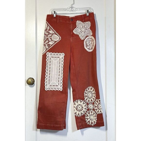 Paige Nellie Culottes Jeans Orange Poppy Doilie Lace Embellished Womens Size 30 - Picture 9 of 10
